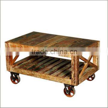 INDIA MADE RUSTIC WOODEN COFFEE TABLE WITH WHEELS CART