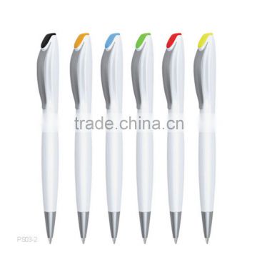 Gift promotion ballpoint ball twist action plastic pen white pen barrel color trims pen top