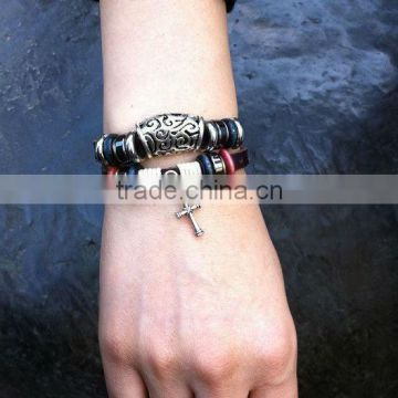 cheap big metal bead genuine leather bracelets with cross metal drop