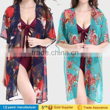 Women's plus size chiffon floral bikini cover up kimono cardigan blouse for summer beachwear