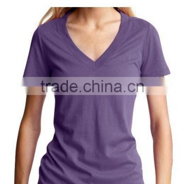 Plain dyed womens V neck t shirt