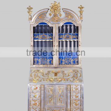 Gold Gilding Wooden Curio Cabinets With Flowers Paint Motif, Antique Silver Finish Secretary Cabinet with Drop Front Desk