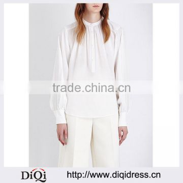 Wholesale Women Fashion Band Collar Long Sleeves White Pleated Silk Crepe De chine Blouse(DQE0156T)
