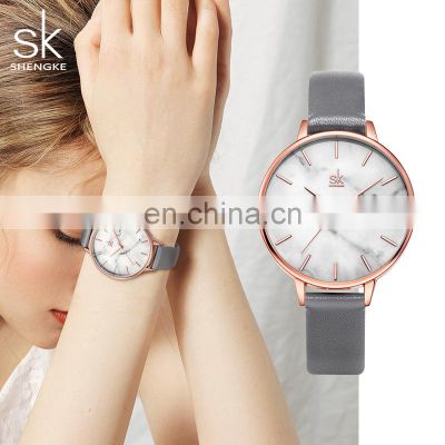 SHENGKE Marble Face Gray Leather Watches K0137L Pretty Lady Wrist Watch Fancy Chic Girls Handwatch