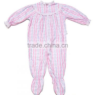 Wholesale Striped Lace Trim Cute Cotton Pajama With Foot For Kids