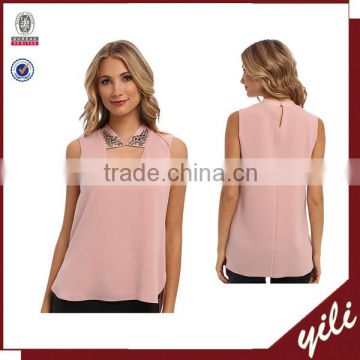 2015 women's chiffon sleeveless blouse beaded v neck designs tops for ladies