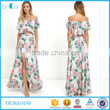 Latest off shoulder top side slit skirt suits floral print dress designs for young girls