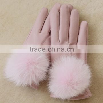 Fashion Leather Wrist Gloves Sheepskin Leather Gloves With Rabbit Fur With Warm Lining Inside
