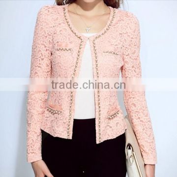 2015 ladies quality beaded coat long sleeve oem wholesale factory pink jackets coat