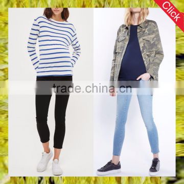 New style fashion wholesale slim fit stretch maternity wear clothes bump raw hem leigh denim jeans for pregnant