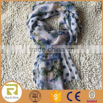 Wholesale 100% Linen blue dot printed fringed shawl scarf