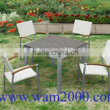 square poly wood dining table and pe rattan dining chairs for garden