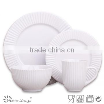 Delicate White Color Emboss Ceramic Dinner Set With Vertical Stripe Decoration