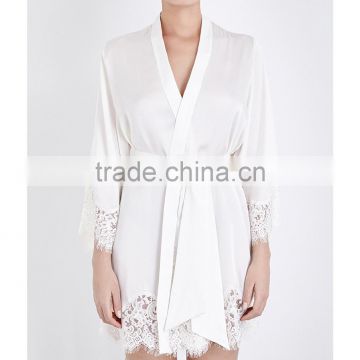 Customize ladies luxury silk satin knee length robe, sexy lace trim long sleeve kimono robe,