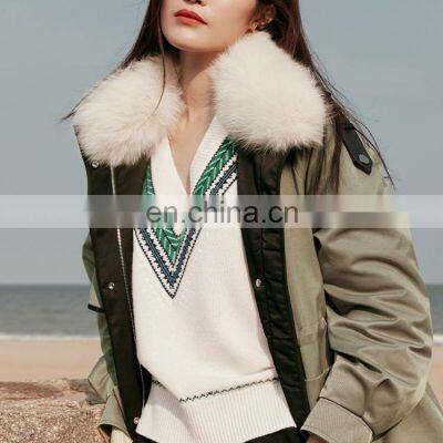 Women Casual V Neck Fashion Design Jacquard Knit Loose Cashmere Sweater