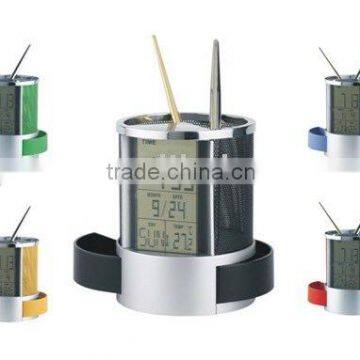 LCD clock with pen holder