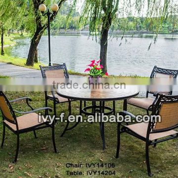 outdoor furniture 5-piece dining table and chairs set ceramic dining table with parasol hole stackable sling dining chairs