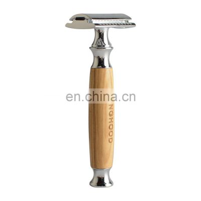 Wholesale Chrome  Metal Head Natural Olive Wood Handle Double Blade Edge Men Wooden Safety Razors