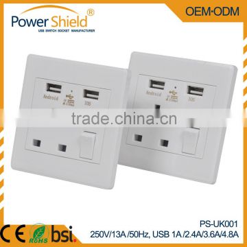 New Type G Euro / United Kingdom Electrical Wall outlets with Dual 2 x USB Ports Wall mount socket with Switch 230V 13A CE BSi