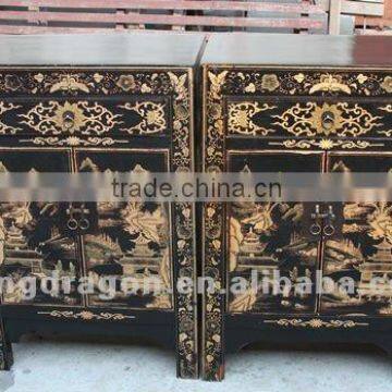 Chinese antique furniture Beijing golden & black pine wood Bedside Cabinet