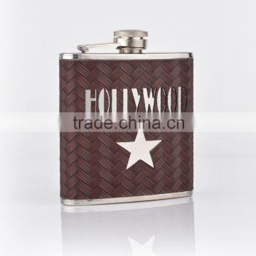 Stainless Steel Hip Flask Personalized brown PU Leather Cover cheap whisky wine gift set flask