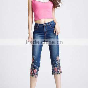 In summer 2015 new all-match elastic seven embroidered jeans