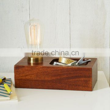 11.23-14 a bare bulb enclosed in antiqued brass Wood Block Bulb Lamp perfect for the minimalist mid-century decorator                        
                                                Quality Choice