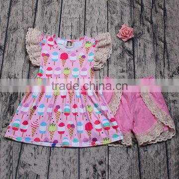 Summer baby girls pink snow cone print boutique outfit wholesale cheap lace matching dress shorts clothing set 2pcs cute clothes