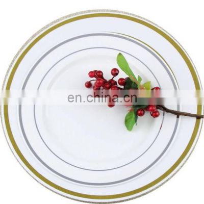 Hot Sale Biodegradable Disposable Plastic Restaurant Wedding Charger Plate, Red Gold Rim Dinner Plastic Plates