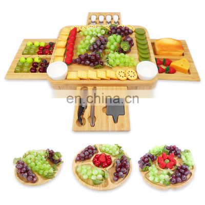 Wine Wood Bamboo Cheese Charcuterie Board Set With Removable Slate Cutlery Set
