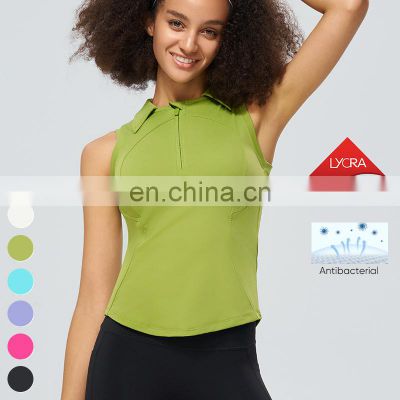 Quick Dry Running Fitness Tops High Elastic Fit T-shirt Front Zip Lapel Yoga Clothing Sports Tank Top Women Sleeveless T Shirt