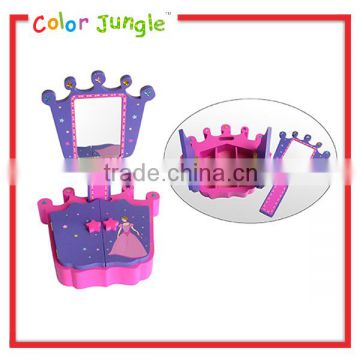 Crown shape wooden jewelry box 6 units jewelry organizer for child with mirror
