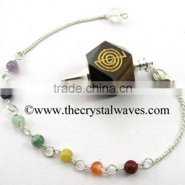 Tiger Eye Agate Cho Ku Rei Engraved Hexagonal Pendulum With Chakra Chain