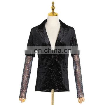 TWOTWINSTYLE Casual Patchwork Diamonds Elegant Women's Coats Notched Long Sleeve Perspective