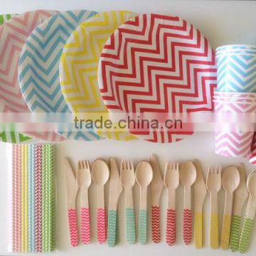 Party Supplies Paper Straws Paper Plates Paper Cups Wooden Cutlerys Colorful Chevron Party Tableware                        
                                                Quality Choice
