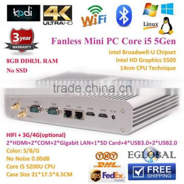 Mini ITX PC Linux Intel Core i5 5200U Mini Desktop Living Room PC 8GB Ram Only Hi-Fi Sound 2*RJ45+2*RJ232+2*HDMI 300M Wifi