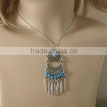 Ethnic Chandelier Necklace,Turquoise Beads and Metal Fringe,Leather Cord or Chain Boho Necklace