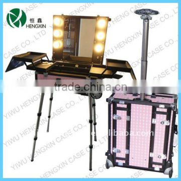 professional rolling studio makeup case lights with mirror,rolling makeup station with lights,lighting makeup case with stand