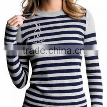 Women 100% Cashmere Crew Neck Sweater With Stripe Pattern
