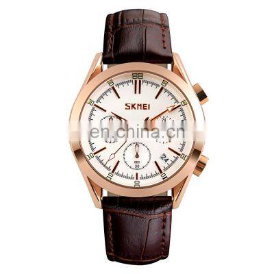 Skmei 9127 Men Quartz Watch Leather Strap Chronograph Wrist Watch Fashion Wristwatch