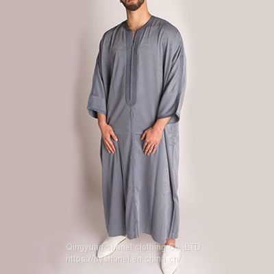 BS-1138203 Muslim Thobe for Men Short Sleeve Long Kaftan Robe Islamic Ramadan Jubbah Dress Dubai Long Shirt Clothes