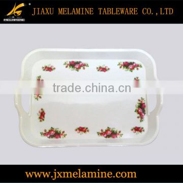 14.5"rose design deep melamine ware serving tray with handle