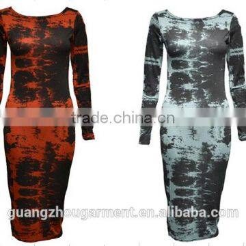 2015 new fashion long sleeve bodycon evening long party lady bodycon casual tie dye woman dress