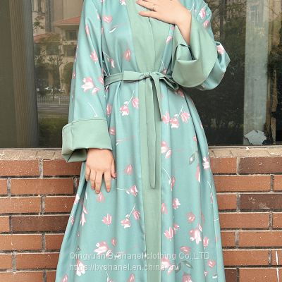 BS-LR538  Women Abaya Dress Set Fashion Muslim Dubai Inner Jumpsuit+Open abaya+2 Pieces Suit Morocco