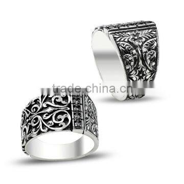 925K Sterling Silver Art Design Carved Turkish Men Zircon Ring Handmade