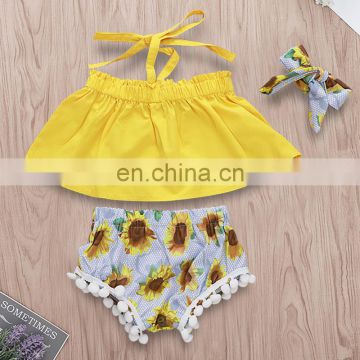 0-18M Baby Girl Clothing Set Summer Sunflower Sleeveless Tops & tassel shorts & headband 3PCS Outfits