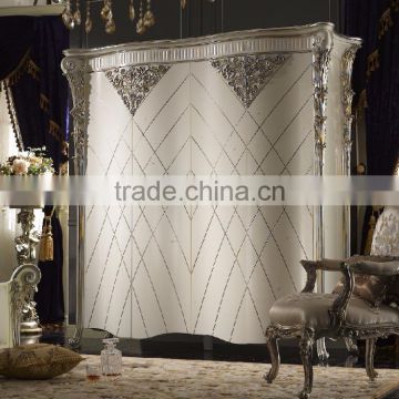 Ancient Rome Style Luxury Designed Four Doors Wardrobe, Exquisite Fine Carved Silver Flower and Leave Decorated Wardrobe