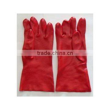 red PVC glove, gauntlet, 40cm,interlock line, smooth finish