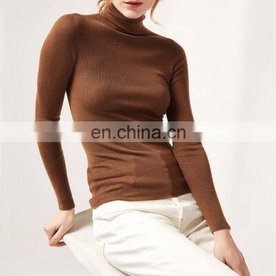 Women Seamless Knit Turtleneck 18 Gauge Worsted Merino Wool Thin Sweater Top