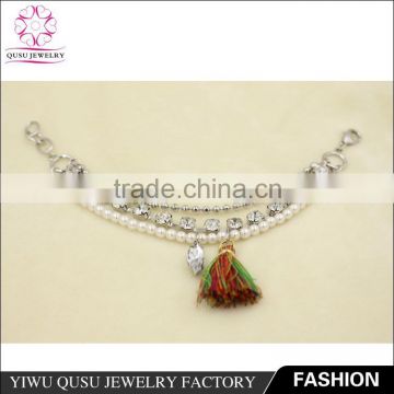2015 Yiwu new products silver plsilver beads chainated bracelet with white imitation pearls and square claw chain,
